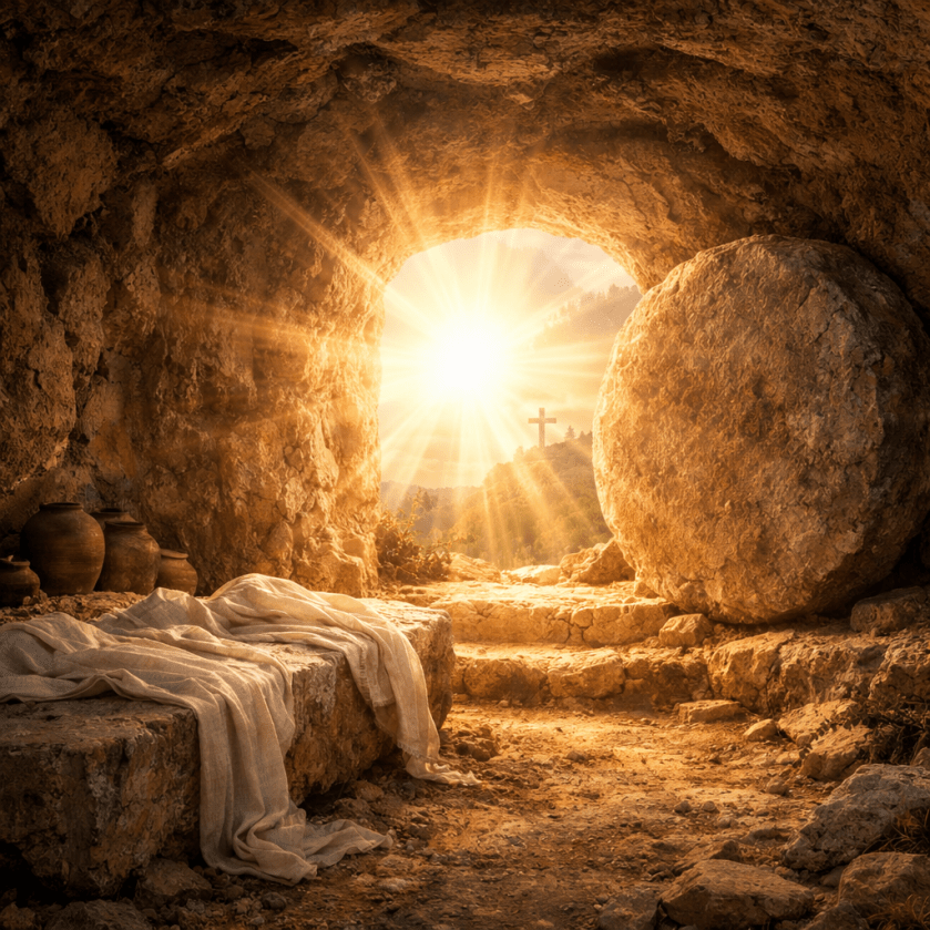 Empty ancient rock tomb with rolled away stone door and sun shining outside